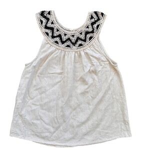 Hazel Crochet Yoke Tank Top Womens Large Cream Black Linen Blend Boho H16823 EX